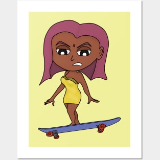 Girl in yellow dress skateboarding Posters and Art